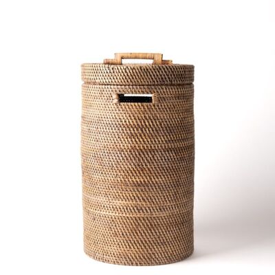 Weh Island 100% Natural Rattan Basket Decorative with Handles and Grip Lid, Handmade with Natural Fibers and Natural Finish Cylindrical Shape, Height 53cm Diameter 30cm, Made in Indonesia