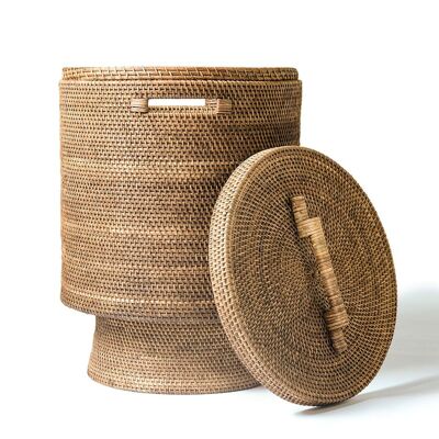 Belitung Grande cestino decorativo in rattan naturale al 100% con manici e coperchio, finitura naturale fatta a mano con base, 60 cm x 46 cm, prodotto in Indonesia