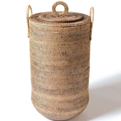 Dekorativer Korb aus 100 % natürlichem Buru-Rattan mit Griffen und Deckel, groß, handgefertigt mit natürlichem Finish und zylindrischer Form, 70 cm x 35 cm, hergestellt in Indonesien