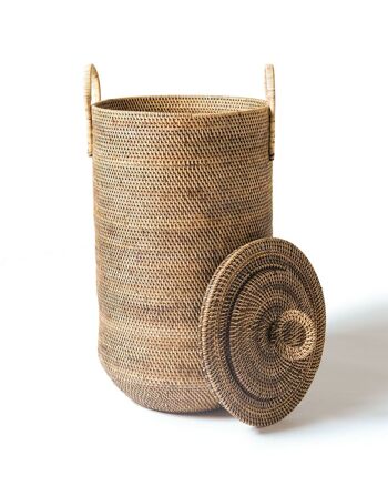 Panier décoratif en rotin Buru 100 % naturel avec poignées et couvercle, grand, fait à la main avec finition naturelle, forme cylindrique, 70 cm x 35 cm, fabriqué en Indonésie 3