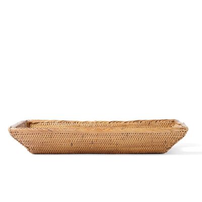 Vassoio decorativo in rattan naturale 100% Halus Kalianda, finitura naturale, realizzato a mano con manici rettangolari, 29 cm x 19 cm, proveniente dall'Indonesia.