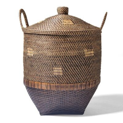 Decorative 100% natural Sumba rattan basket with handles and lid, handmade with natural finish in a cylindrical shape, hand-braided with different drawings, 52 cm high with 40 cm diameter, made in Indonesia
