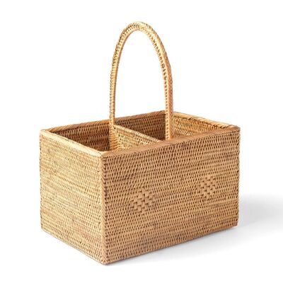 Salayar decorative bottle holder in natural color halus rattan, handmade in Indonesia, height 26 cm, length 14 cm, depth 20 cm.