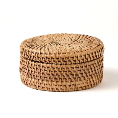 Bawean Box aus 100 % natürlichem Rattan, dekorativ, handgeflochten, natürliches Finish mit Deckel, rund, 12 cm Durchmesser, hergestellt in Indonesien