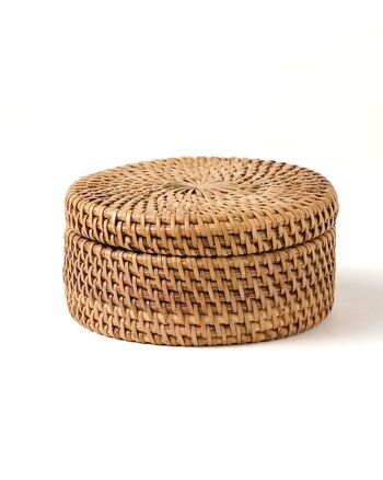 Bawean Boîte décorative en rotin 100 % naturel, tressée à la main, finition naturelle avec couvercle, ronde de 12 cm de diamètre, fabriquée en Indonésie 1