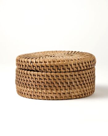 Bawean Boîte décorative en rotin 100 % naturel, tressée à la main, finition naturelle avec couvercle, ronde de 12 cm de diamètre, fabriquée en Indonésie 4