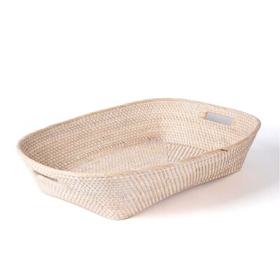 Panier ovale décoratif Bunaken en rotin 100% naturel avec anses, fait main avec des fibres naturelles par des artisans, finitions naturelles et blanches, hauteur 15 cm longueur 46 cm profondeur 58 cm, fabriqué en Indonésie