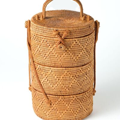 100% natural rattan halus Papua decorative basket with grip and lock, 3-tier organizer, handmade with natural fibers cylindrical, height 30 cm diameter 15 cm, made in Indonesia