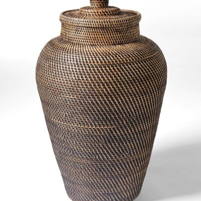 Large Karimun 100% natural rattan basket with cylindrical lid, handmade with dark finish, height 70 cm diameter 50 cm, made in Indonesia