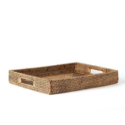 100% Batu Natural Rattan Tray Decorative Rectangular Handmade Tray with Handles Natural or White Finish 42cm x 32cm from Indonesia