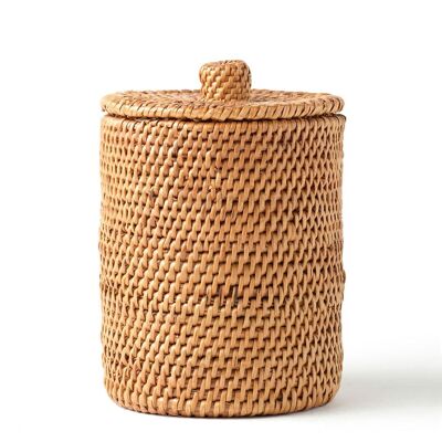 Halus 100% Natural Rattan Basket with Lid Gebe Decorative Round, Handmade by Artisans, Natural Finish, Made in Indonesia