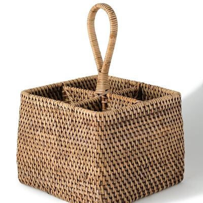 Batun square natural rattan bottle holder kitchen organizer with grip, handmade with natural finish, suitable for 4 bottles, height 27 cm length 20 cm depth 20 cm, origin Indonesia