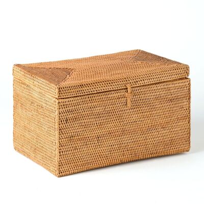 Halus Tidore Box aus 100 % natürlichem Rattan, dekorativ, rechteckig, mit Deckel und Schloss, handgeflochten, natürliches Finish, Höhe 14 cm, Länge 16 cm, Tiefe 25 cm, hergestellt in Indonesien
