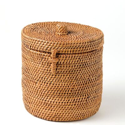 Halus Pantai Prigi Cestino decorativo piccolo in rattan naturale al 100% con coperchio e chiusura, realizzato a mano con fibre naturali con finitura naturale, forma cilindrica, altezza 15 cm x diametro 13 cm, prodotto in Indonesia