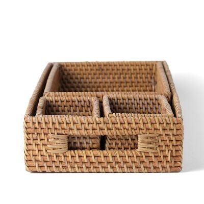 Set of 4 Siberut decorative trays made of natural rattan, handmade in Indonesia, length 40 cm, depth 19 cm, height 7 cm.
