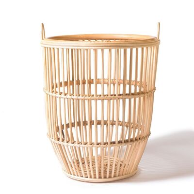 Large decorative 100% natural Sulawesi rattan basket with handles, hand-woven with natural finish in a cylindrical shape, 60 cm high x 52 cm diameter, made in Indonesia