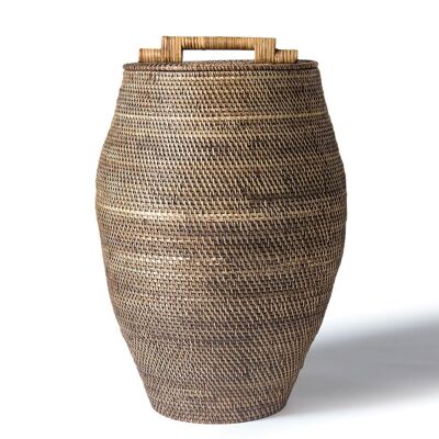 100% Natural Rattan Large Sawahlunto Decorative Basket with Lid and Grip, Handmade with Natural Finish and Cylindrical Shape, 47cm Diameter with 66cm Height, Made in Indonesia