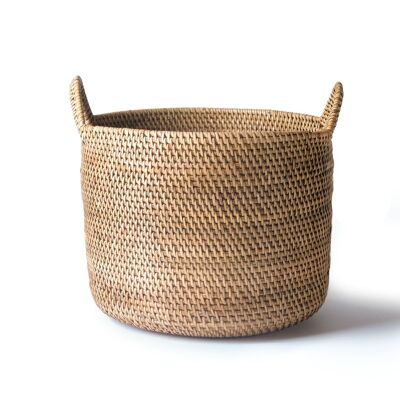 Panier décoratif en rotin Siberut 100 % naturel avec poignées, fait à la main avec finition naturelle de forme ronde, 2 mesures, fabriqué en Indonésie