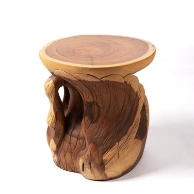 Side table made of natural saman Langkuas wood, hand-carved with natural finish, Indonesian origin