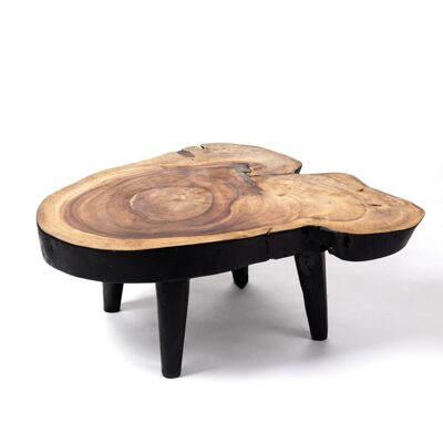 Mesa de centro de madera maciza natural de teca Bau Bau tronco rustico, hecho a mano acabado natural con detalles en negro, disponible en diferentes medidas, origen Indonesia