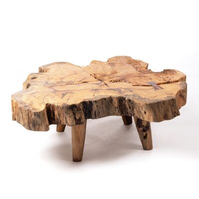 LAST UNIT AVAILABLE! Coffee table made of solid natural Malili teak wood, rustic trunk, handmade with natural finish, 43 cm Height 120 cm Length 110 cm Depth 12 cm Table thickness, origin Indonesia