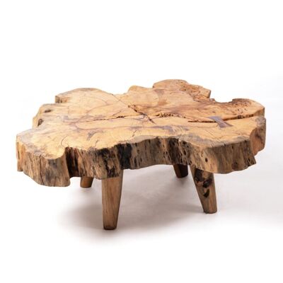 DERNIÈRE UNITÉ DISPONIBLE! Table basse en bois de teck naturel massif du Malili, tronc rustique, fait main avec finition naturelle, 43 cm Hauteur 120 cm Longueur 110 cm Profondeur 12 cm Épaisseur de la table, origine Indonésie