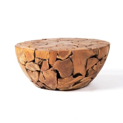 Tavolino rotondo Banbalo rustico in legno massello di saman naturale, realizzato a mano con finitura naturale, altezza 43 cm, diametro 100 cm, origine Indonesia
