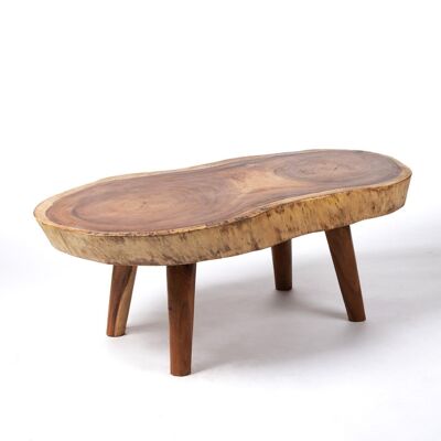 Coffee table made of solid natural Puna saman wood, rustic trunk, oval, handmade with natural finish and wooden legs, 52 cm Height 140 cm Length 70 cm Depth 12 cm Table thickness, origin Indonesia