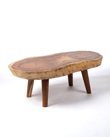 Table basse en bois massif naturel Puna saman, tronc rustique, ovale, fait main avec finition naturelle et pieds en bois, 52 cm Hauteur 140 cm Longueur 70 cm Profondeur 12 cm Épaisseur de la table, origine Indonésie 1