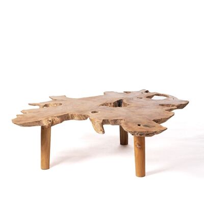 Tavolino Taipa in legno massello di teak naturale, tronco rustico, fatto a mano con finitura naturale e gambe in legno, diverse misure disponibili, origine indonesiana