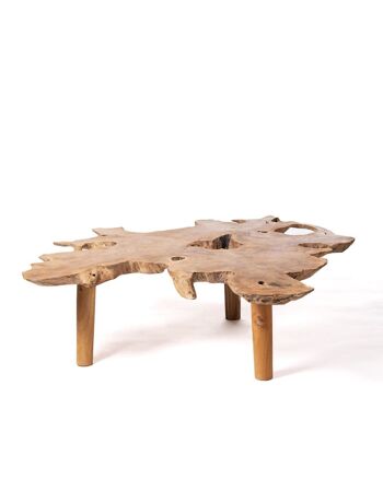 Table basse en bois de teck massif naturel Taipa, tronc rustique, fait main avec finition naturelle et pieds en bois, différentes tailles disponibles, origine indonésienne 1