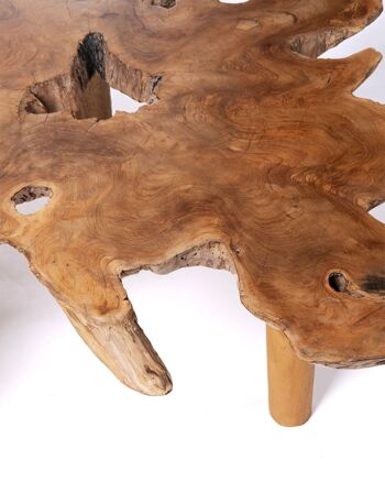 Table basse en bois de teck massif naturel Taipa, tronc rustique, fait main avec finition naturelle et pieds en bois, différentes tailles disponibles, origine indonésienne 3
