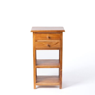 Ombo natural teak wood bedside or side table with 2 drawers and shelves, handmade with natural finish, 75 cm Height 40 cm Length 33 cm Depth, origin Indonesia