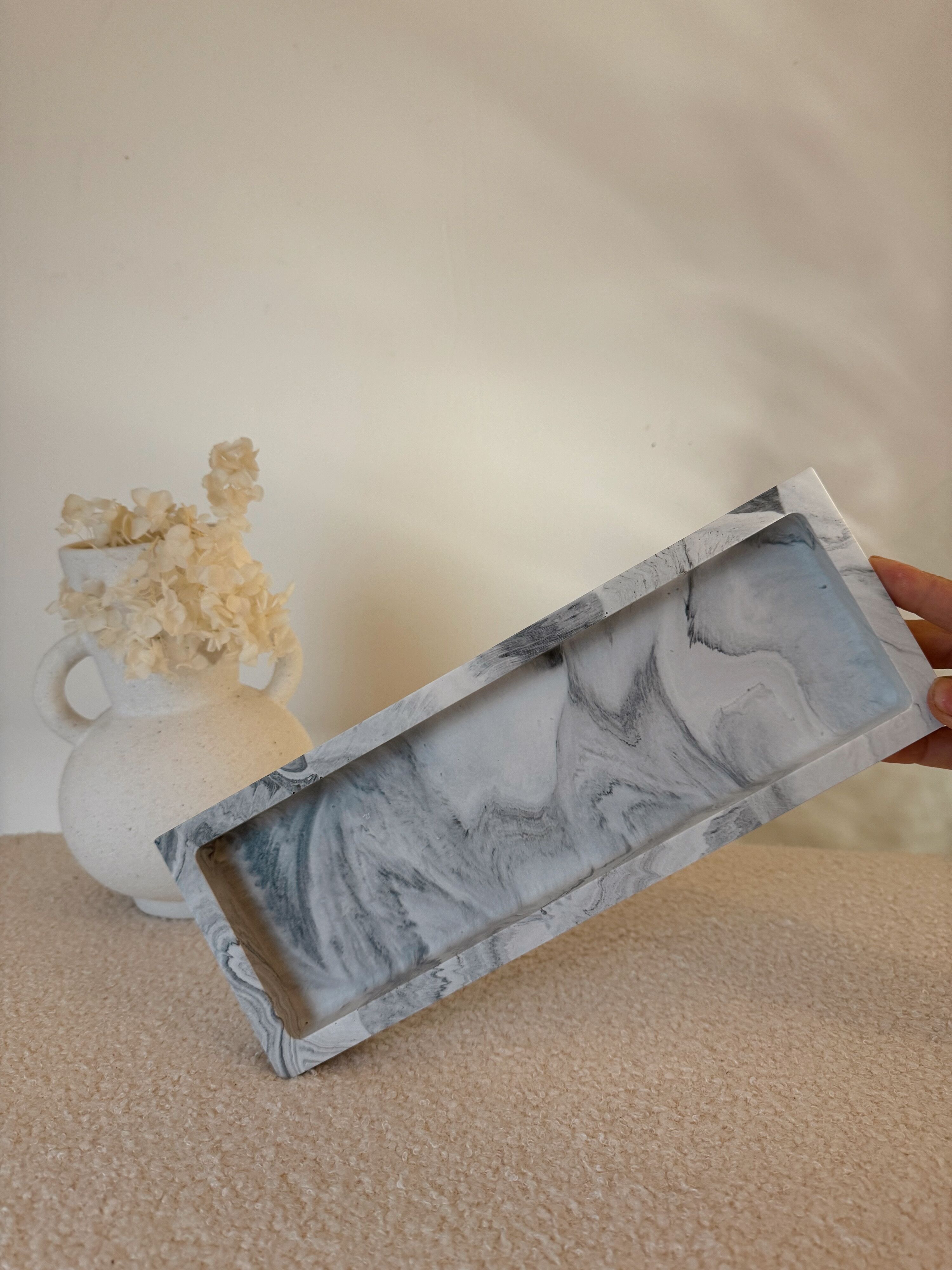 long handmade tray in jesmonite marble or plain