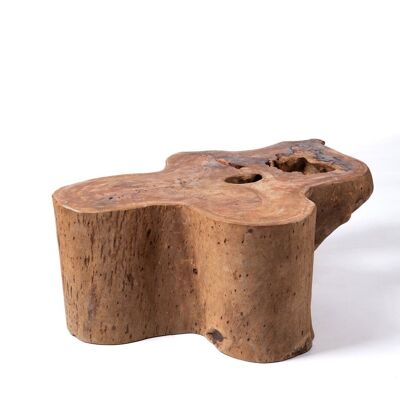 Mesa de centro de madera maciza natural de teca Taliabu tronco rustico, hecha a mano con acabado natural, 40 cm Alto 108 cm Largo 76 cm Profundidad, origen Indonesia
