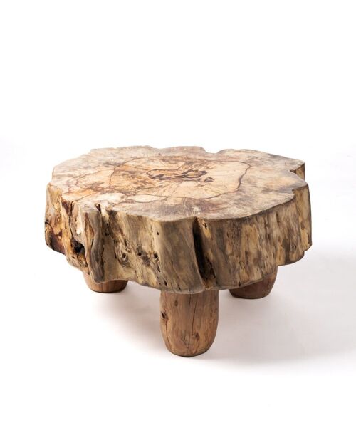 Mesa de centro de madera maciza natural de samán Terere tronco rustico, hecho a mano con acabado natural y patas de madera, 45 cm Alto 84 cm Largo 83 cm Profundidad 21 cm Espesor mesa, origen Indonesia