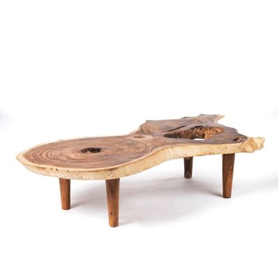 Natural solid saman wood coffee table Moni rustic trunk, handmade with natural finish and wooden legs, 46 cm Height 200 cm Length 100 cm Depth, origin Indonesia