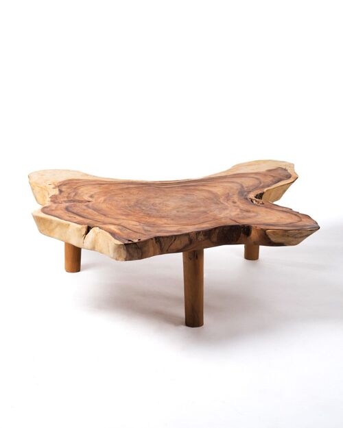 Mesa de centro de madera maciza natural de samán Samama tronco rustico, hecha a mano con acabado natural y patas de madera, 45 cm Alto 165 cm Largo 150 cm Profundidad, hecho en Indonesia