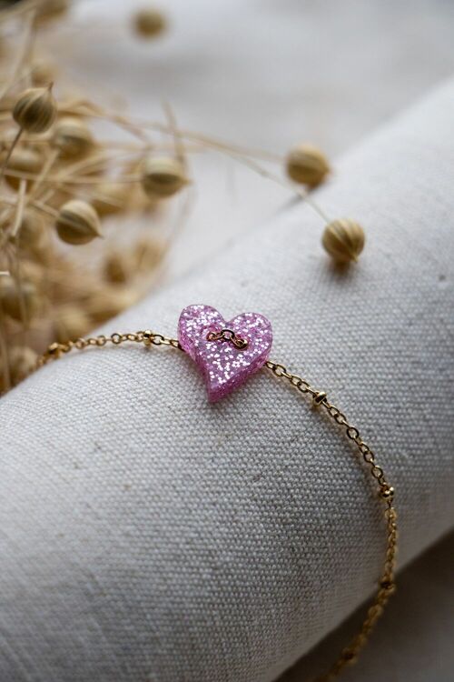 Bracelet petit coeur en plexi - Rose paillettes