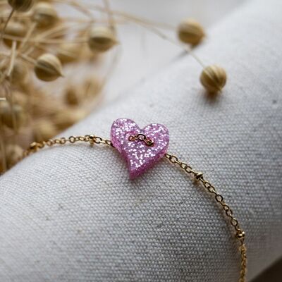 Small plexi heart bracelet - Pink glitter
