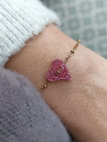 Bracelet petit coeur en plexi - Rose paillettes 2