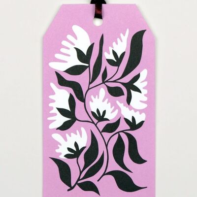 Gift tag white flowers, with silk ribbon