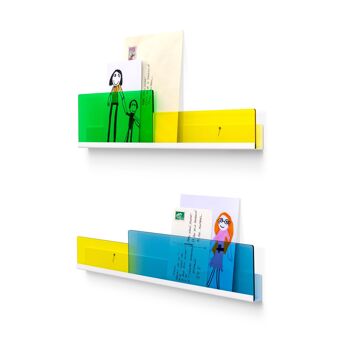 PACK de 2 Etagères-Cimaises BLETTE bleue et verte pour cartes postales, petits livres, dessins... 4