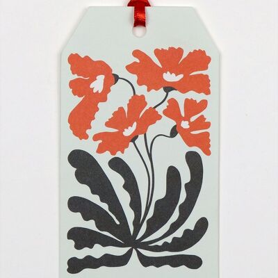 Gift tag red flowers, with silk ribbon