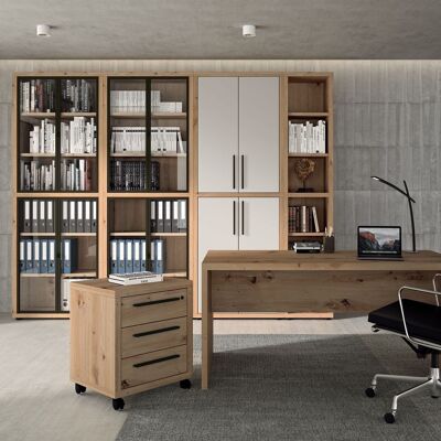 COMPOSAD | Komplettes Büro aus der RILEGA-Linie, Set mit 6 Möbeln, modernes Büro, Arbeitszimmer, Schreibtisch, Kommode, Bücherregal, Vitrine, Honigeiche und weiß lackiert, hergestellt in Italien