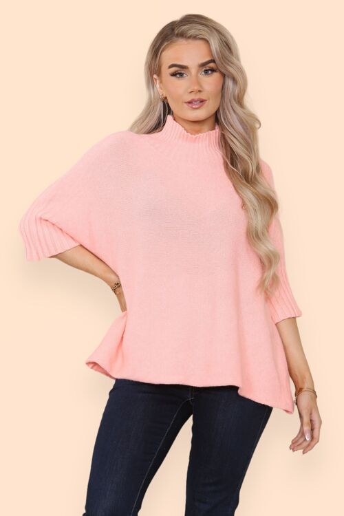 Seamless Soft Knit Jumper with High Neck and Half Length Sleeves