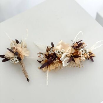 Peigne à cheveux fleurs séchées abricot bordeaux 4