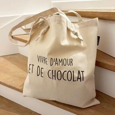 Tote-Bag with ecru knots “Living with Love and Chocolate”