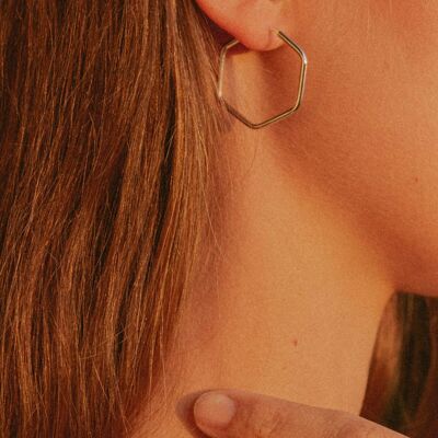 HEXAGON hoop earrings discreetly rhodium-plated silver