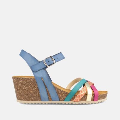 WOMEN'S BIO SANDAL WITH MEDIUM WEDGE IN MULTI BLUE LEATHER GILDA